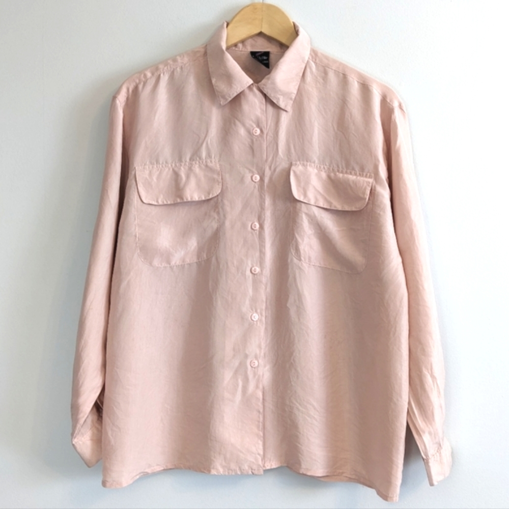 100% Silk Button Down Shirt, Pale Pink, Size M, Gently used - Picture 1 of 14